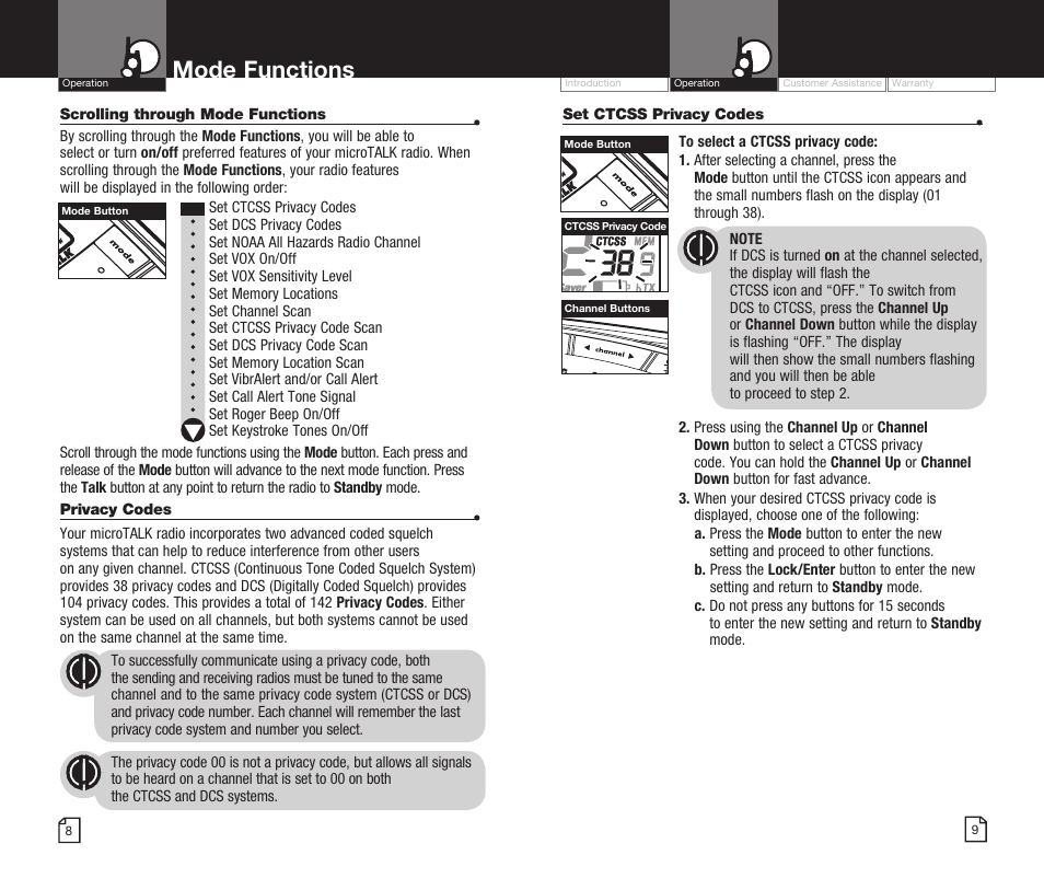 Mode functions | Cobra Electronics MICROTALK CXR825 User Manual | Page 7 / 17