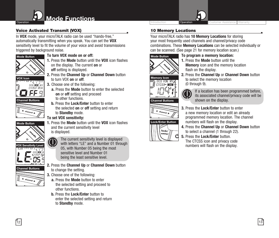 Mode functions | Cobra Electronics MICROTALK CXR825 User Manual | Page 9 / 17