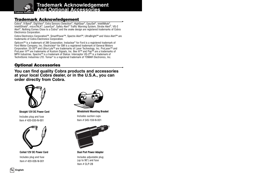 Trademark acknowledgement and optional accessories, Optional accessories | Cobra Electronics ESD 7400 User Manual | Page 10 / 10