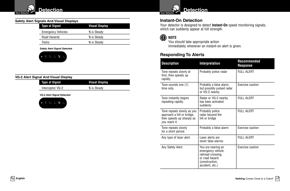 Detection, Instant-on detection, Responding to alerts | Description interpretation recommended response | Cobra Electronics ESD 7400 User Manual | Page 7 / 10
