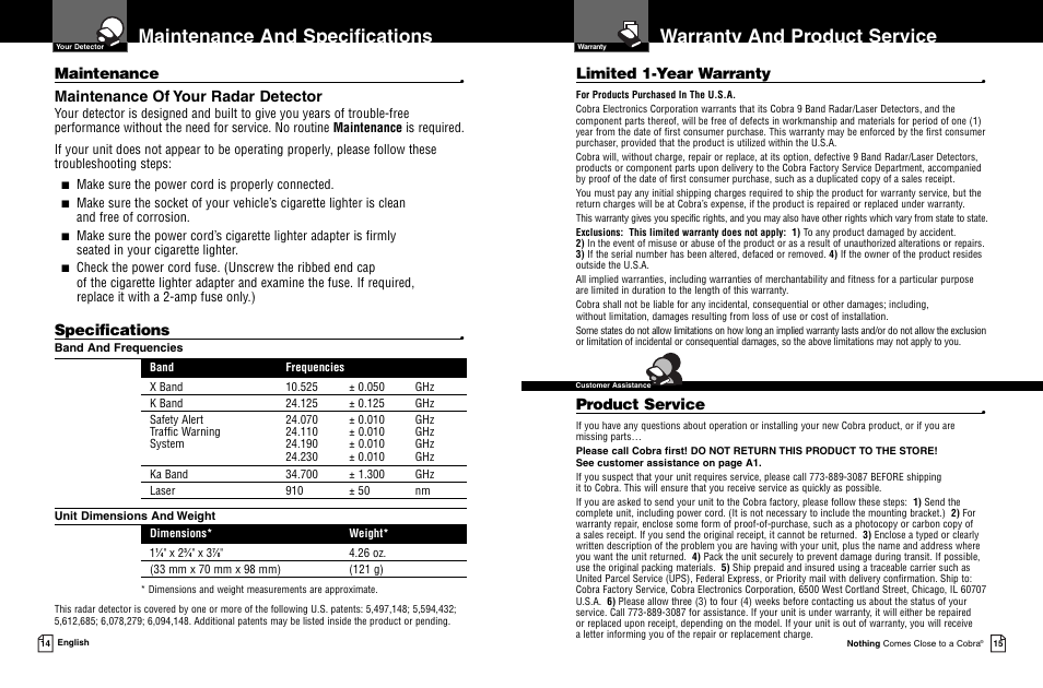 Warranty and product service, Maintenance and specifications, Maintenance | Maintenance of your radar detector, Specifications, Limited 1-year warranty, Product service | Cobra Electronics ESD 7400 User Manual | Page 9 / 10