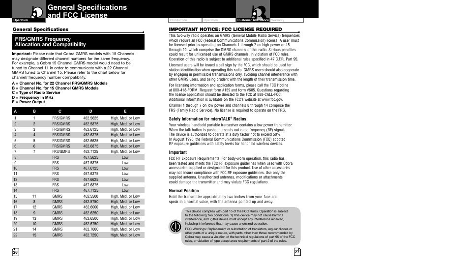 General specifications and fcc license | Cobra Electronics MICROTALK LI 7500 WX User Manual | Page 16 / 17