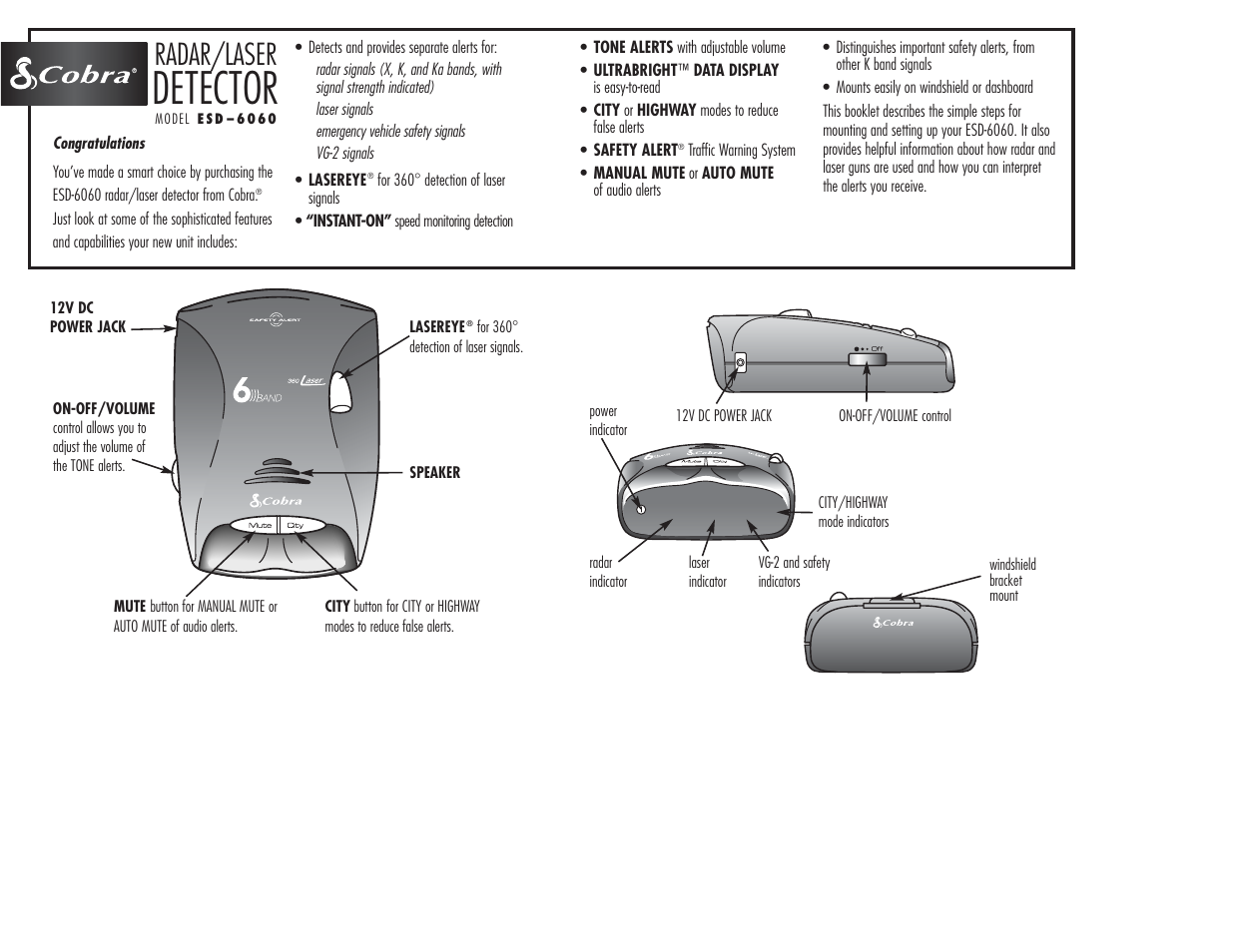 Detector, Radar/laser | Cobra Electronics ESD6060 User Manual | Page 2 / 13