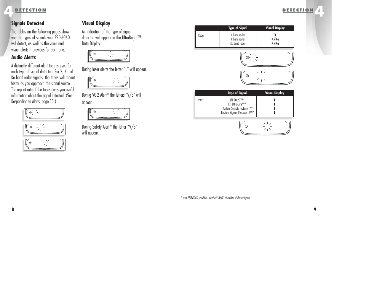 Signals detected, Audio alerts, Visual display | The letters ”v/s“ will appear. during safety alert, The letter ”v/s“ will appear | Cobra Electronics ESD6060 User Manual | Page 7 / 13
