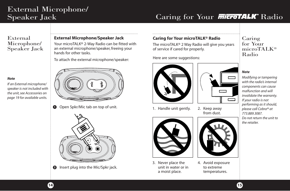 Caring for your radio, External microphone/ speaker jack, Caring for your microtalk | Radio | Cobra Electronics FRS 220 User Manual | Page 10 / 14