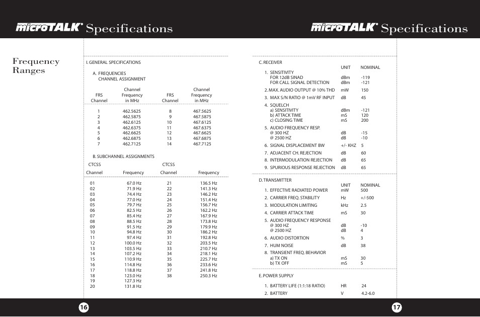 Specifications, Frequency ranges | Cobra Electronics FRS 220 User Manual | Page 11 / 14