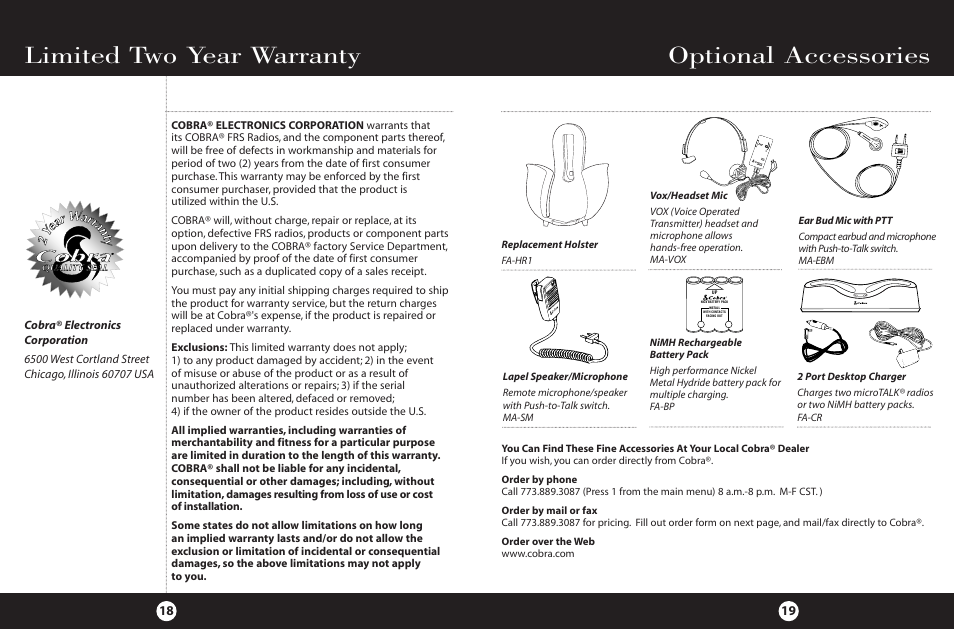 Optional accessories, Limited two year warranty | Cobra Electronics FRS 220 User Manual | Page 12 / 14