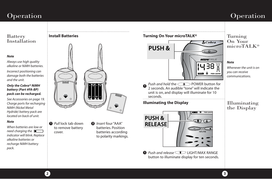 Operation, Hold, Battery installation | Turning on your microtalk, Illuminating the display | Cobra Electronics FRS 220 User Manual | Page 4 / 14