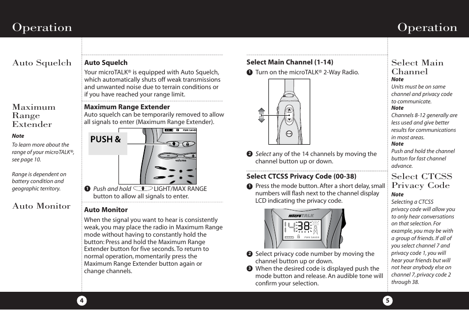Operation, Hold, Select main channel | Auto squelch maximum range extender, Select ctcss privacy code, Auto monitor | Cobra Electronics FRS 220 User Manual | Page 5 / 14