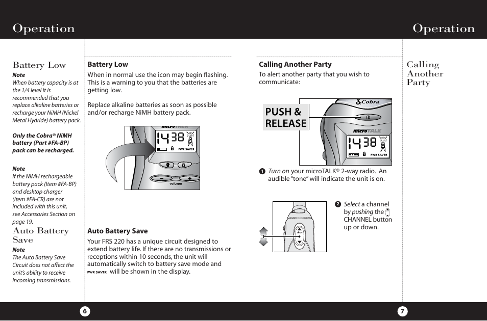 Operation, Calling another party, Battery low | Auto battery save | Cobra Electronics FRS 220 User Manual | Page 6 / 14