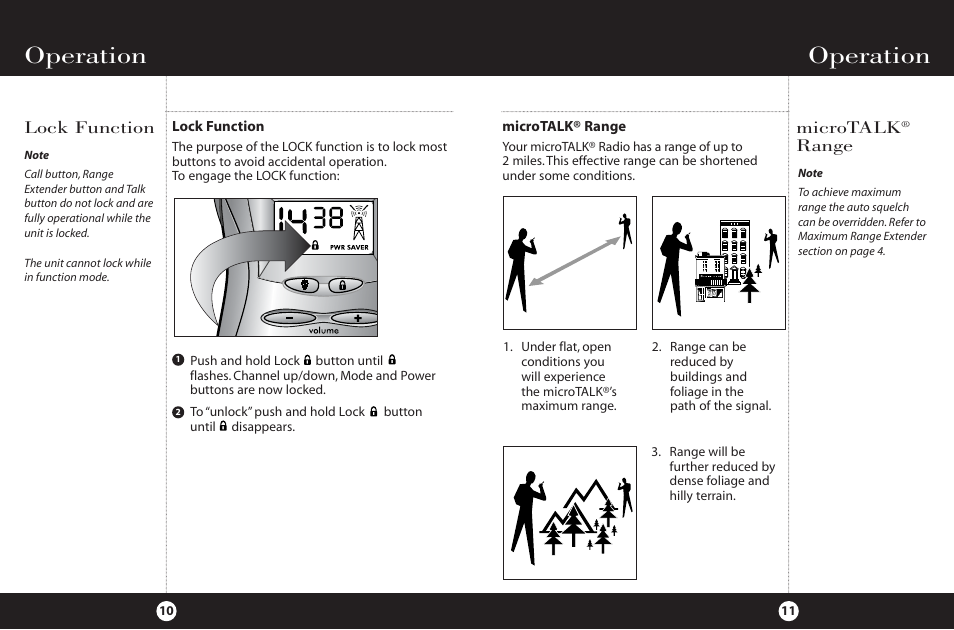 Operation, Lock function, Microtalk | Range | Cobra Electronics FRS 220 User Manual | Page 8 / 14