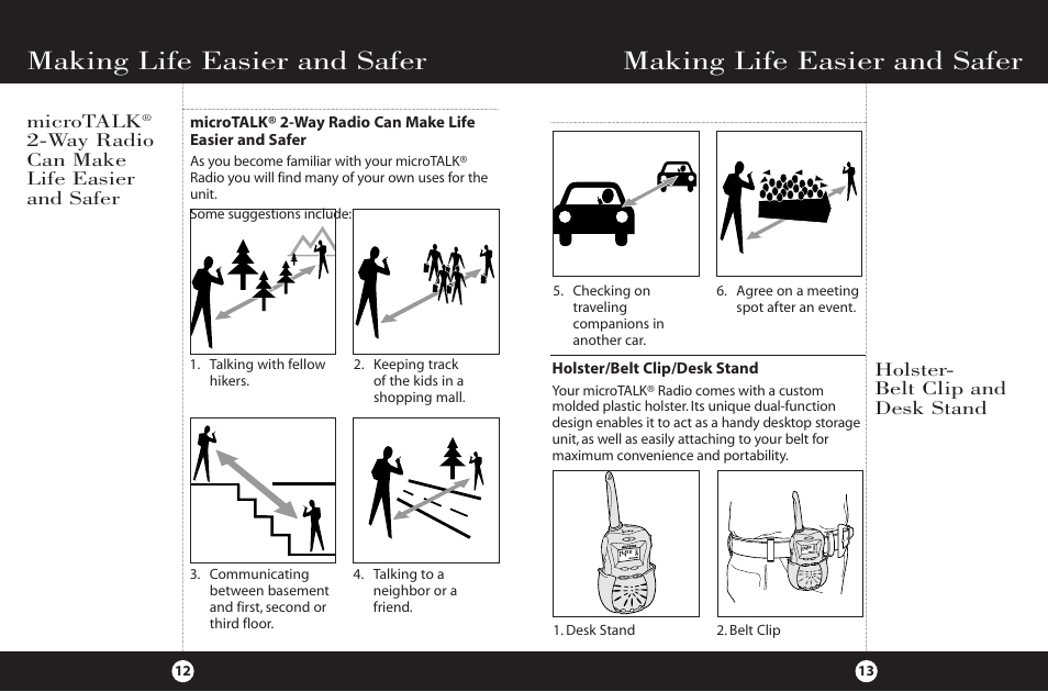 Making life easier and safer, Holster- belt clip and desk stand, Microtalk | Way radio can make life easier and safer | Cobra Electronics FRS 220 User Manual | Page 9 / 14