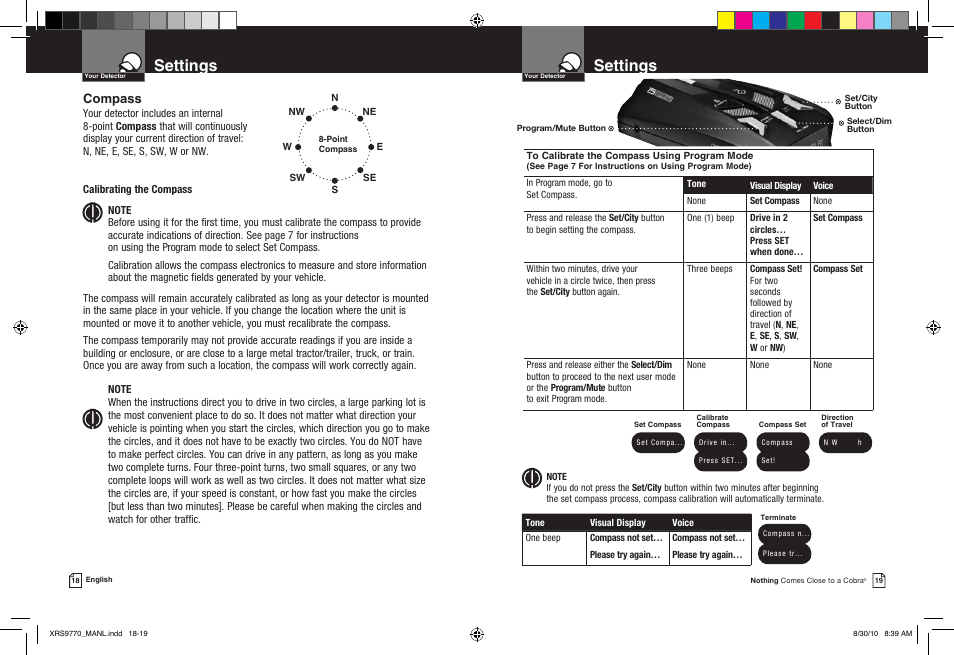 Settings, Compass | Cobra Electronics 15 BAND XRS 9770 User Manual | Page 12 / 21