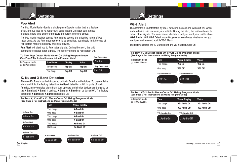 Settings, Vg-2 alert, Pop alert | K, ku and x band detection | Cobra Electronics 15 BAND XRS 9770 User Manual | Page 13 / 21