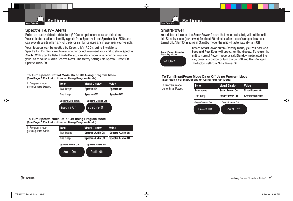 Settings, Smartpower, Spectre i & iv+ alerts | Cobra Electronics 15 BAND XRS 9770 User Manual | Page 14 / 21