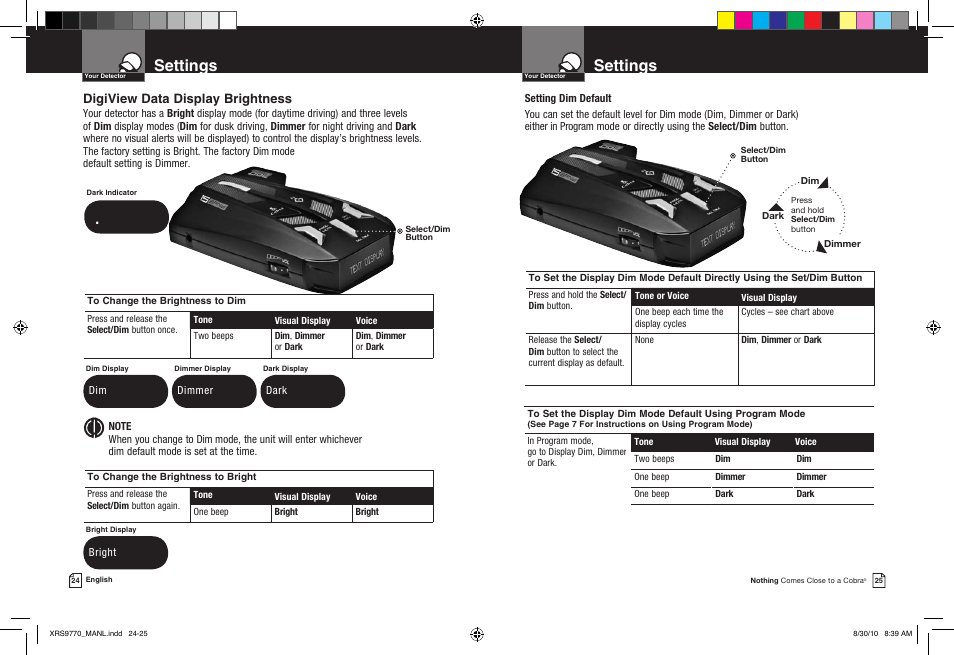 Settings, Digiview data display brightness | Cobra Electronics 15 BAND XRS 9770 User Manual | Page 15 / 21