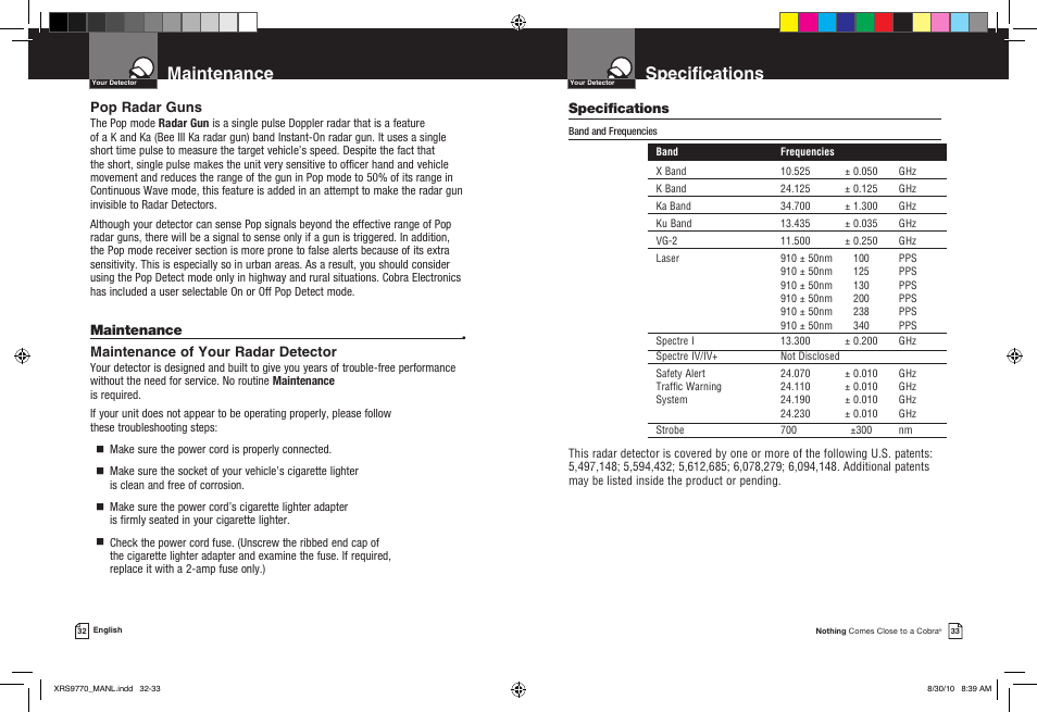 Specifications, Maintenance, Pop radar guns | Maintenance of your radar detector | Cobra Electronics 15 BAND XRS 9770 User Manual | Page 19 / 21