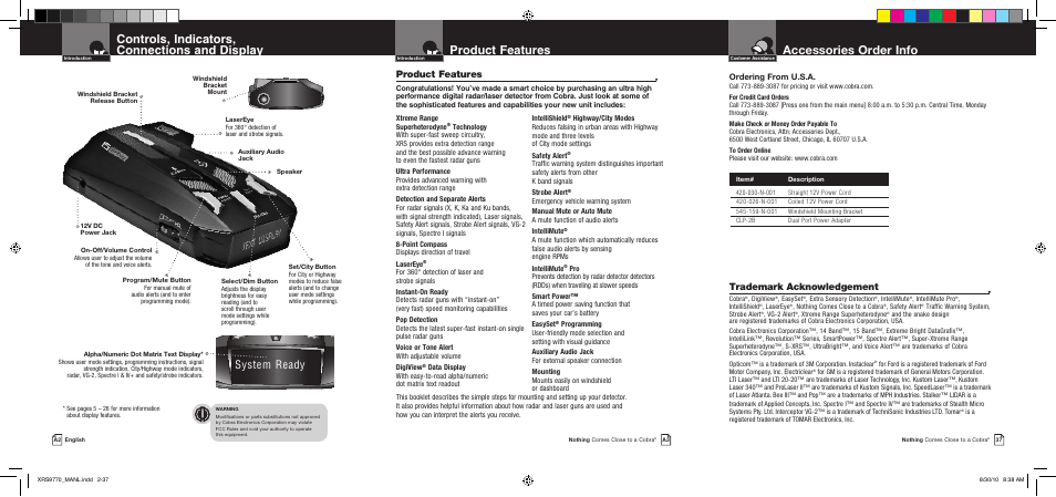 Accessories order info, Product features, Controls, indicators, connections and display | System ready, Trademark acknowledgement | Cobra Electronics 15 BAND XRS 9770 User Manual | Page 2 / 21