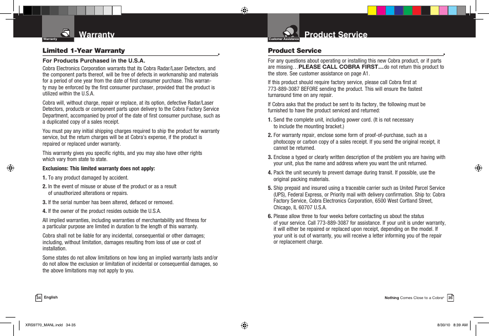 Product service, Warranty | Cobra Electronics 15 BAND XRS 9770 User Manual | Page 20 / 21