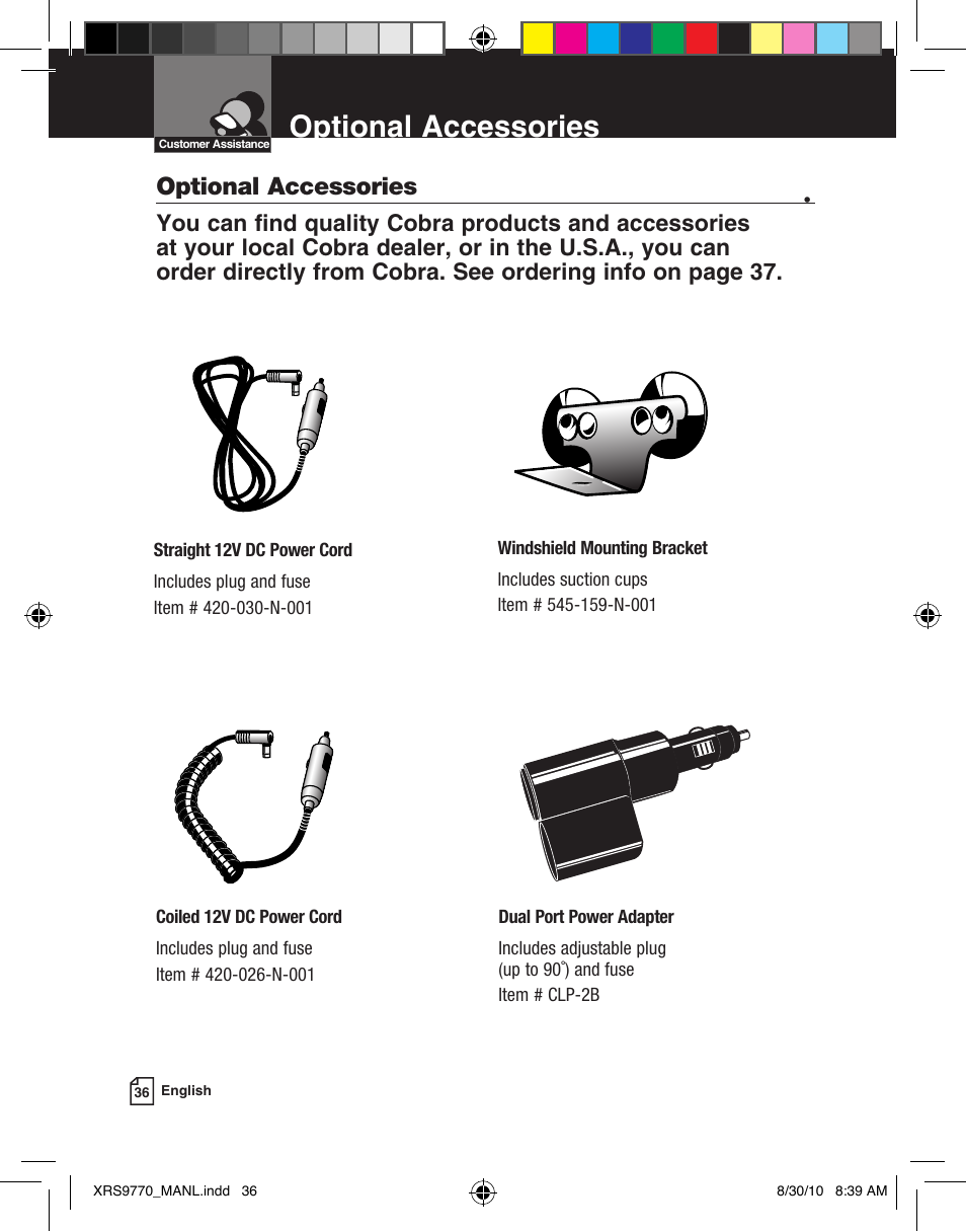 Optional accessories | Cobra Electronics 15 BAND XRS 9770 User Manual | Page 21 / 21