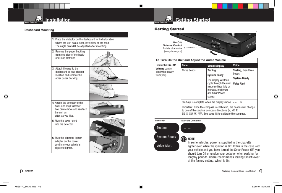 Getting started, Installation | Cobra Electronics 15 BAND XRS 9770 User Manual | Page 5 / 21