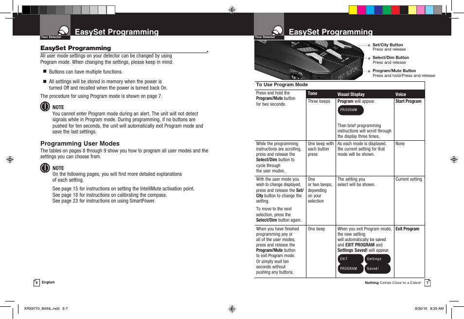 Easyset programming, Programming user modes | Cobra Electronics 15 BAND XRS 9770 User Manual | Page 6 / 21