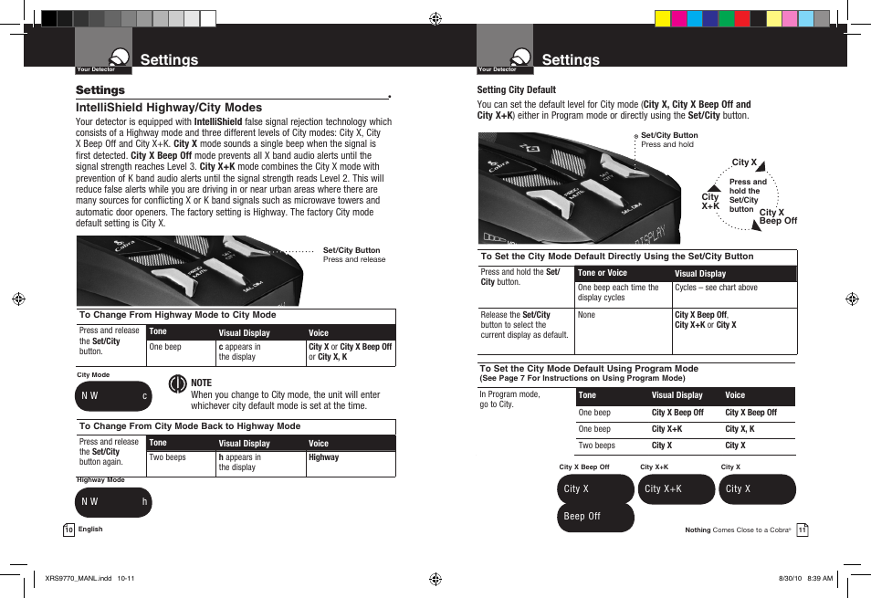 Settings, Intellishield highway/city modes | Cobra Electronics 15 BAND XRS 9770 User Manual | Page 8 / 21