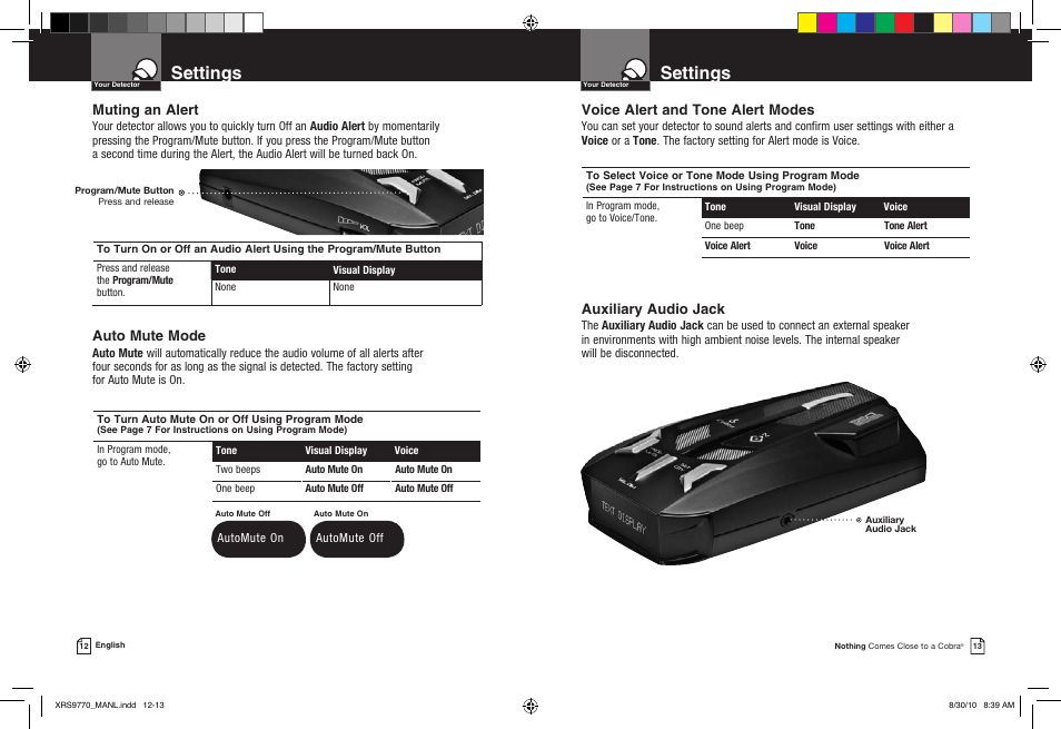 Settings, Muting an alert, Auto mute mode | Auxiliary audio jack, Voice alert and tone alert modes | Cobra Electronics 15 BAND XRS 9770 User Manual | Page 9 / 21