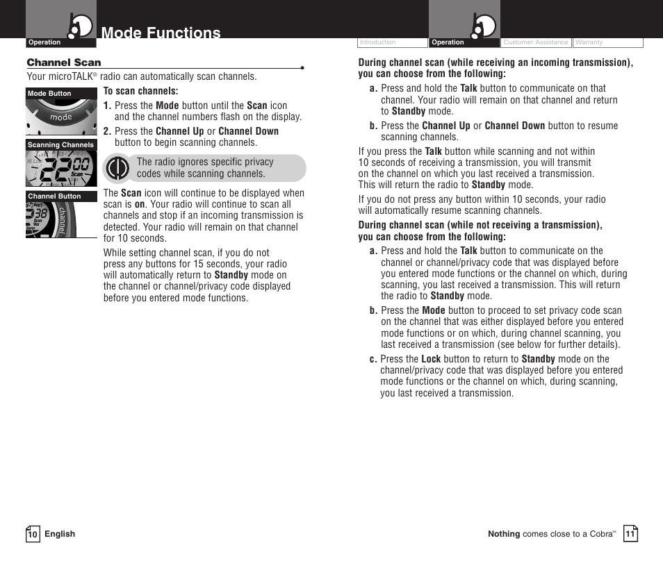 Mode functions | Cobra Electronics PR3000DXC User Manual | Page 10 / 15