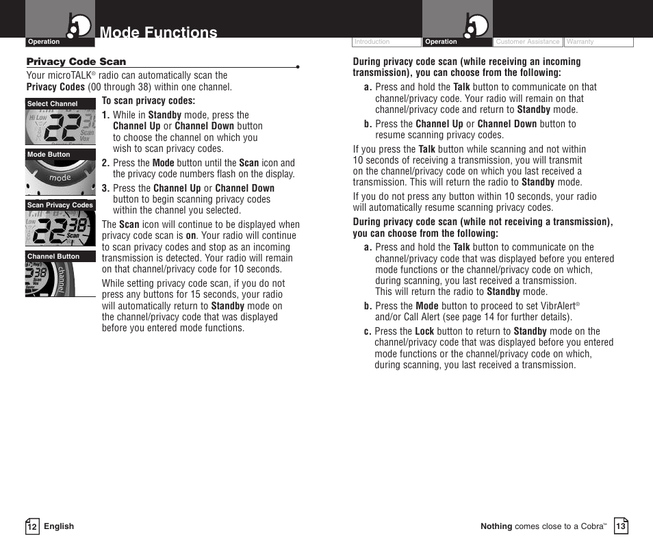 Mode functions | Cobra Electronics PR3000DXC User Manual | Page 11 / 15