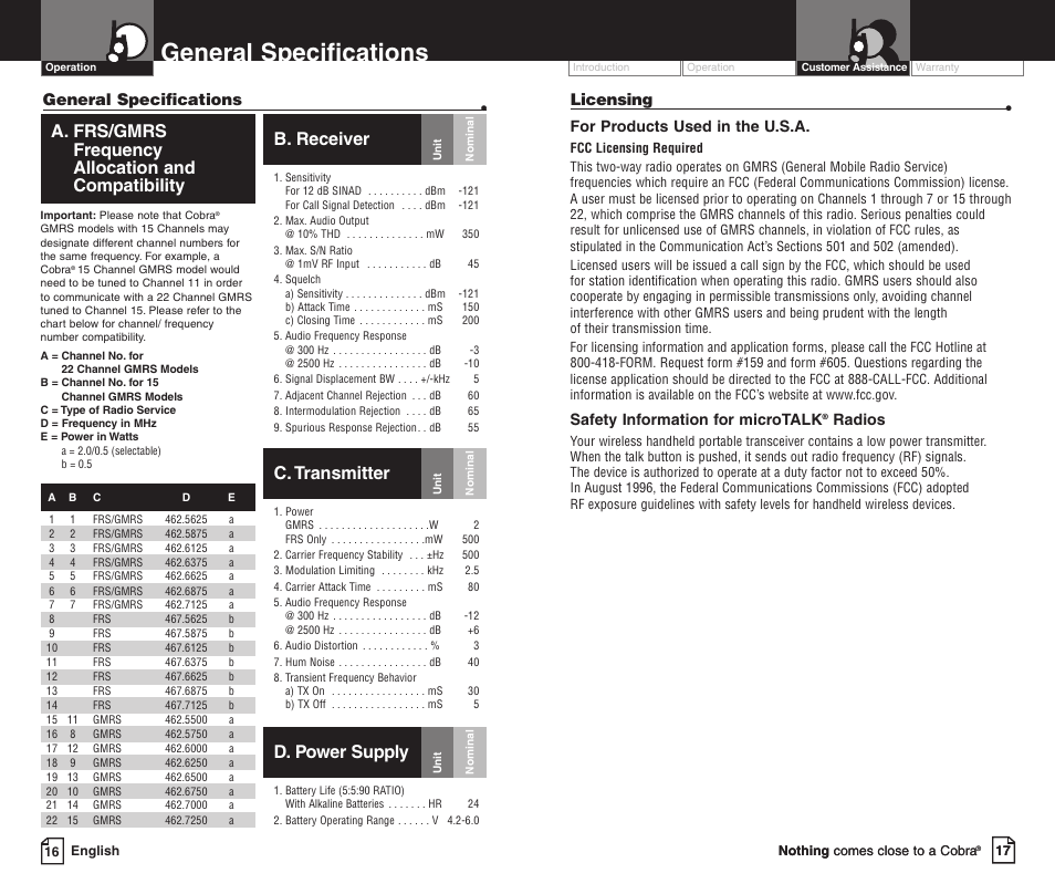 General specifications, C. transmitter, A. frs/gmrs frequency allocation and compatibility | B. receiver, D. power supply, Licensing • for products used in the u.s.a, Safety information for microtalk, Radios | Cobra Electronics PR3000DXC User Manual | Page 13 / 15