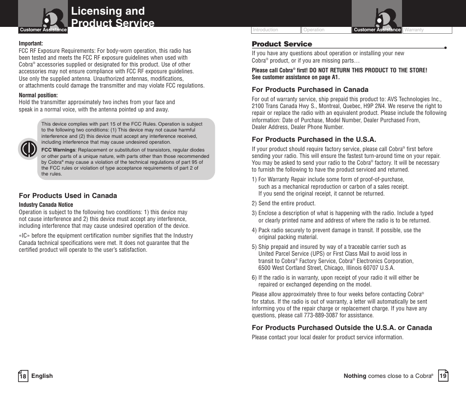 Licensing and product service | Cobra Electronics PR3000DXC User Manual | Page 14 / 15