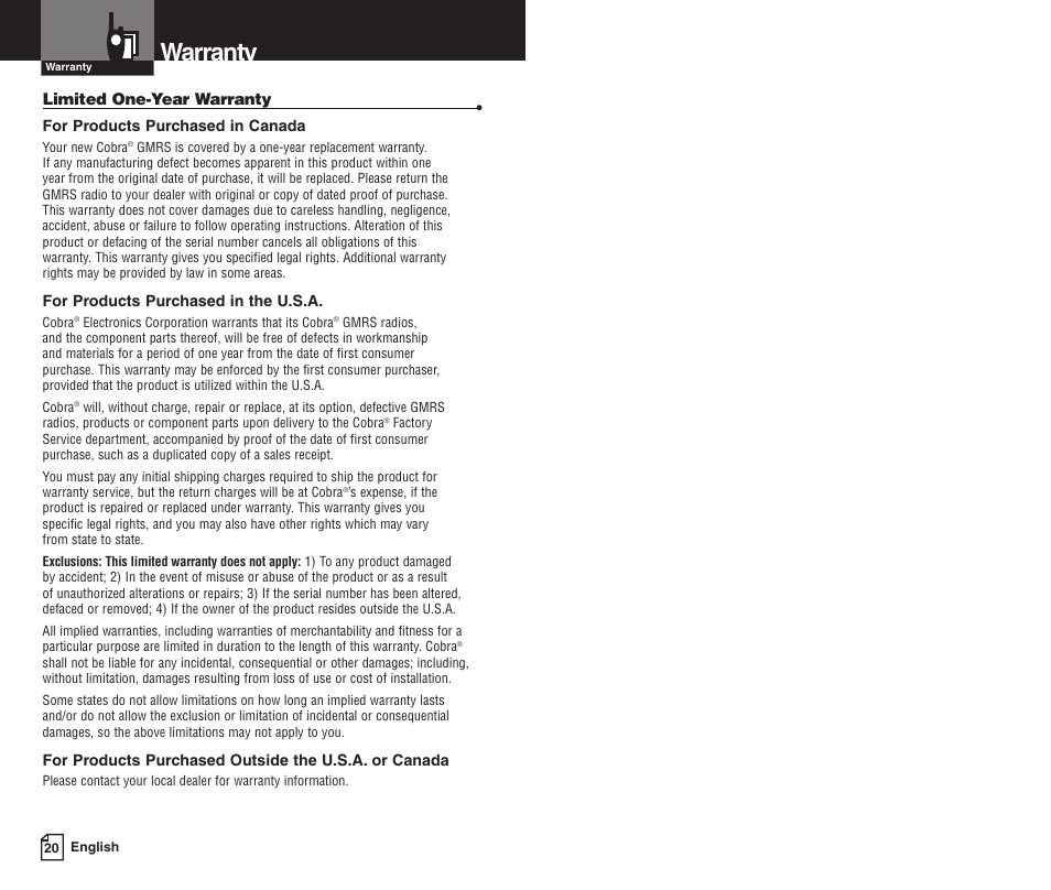 Warranty | Cobra Electronics PR3000DXC User Manual | Page 15 / 15