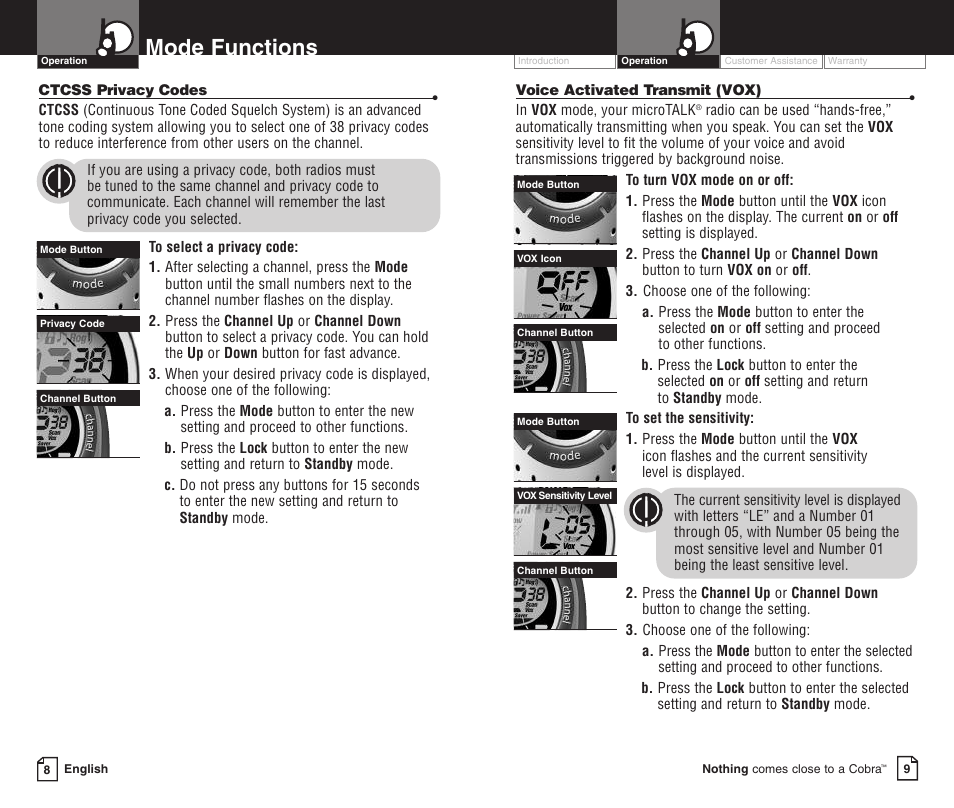 Mode functions | Cobra Electronics PR3000DXC User Manual | Page 9 / 15