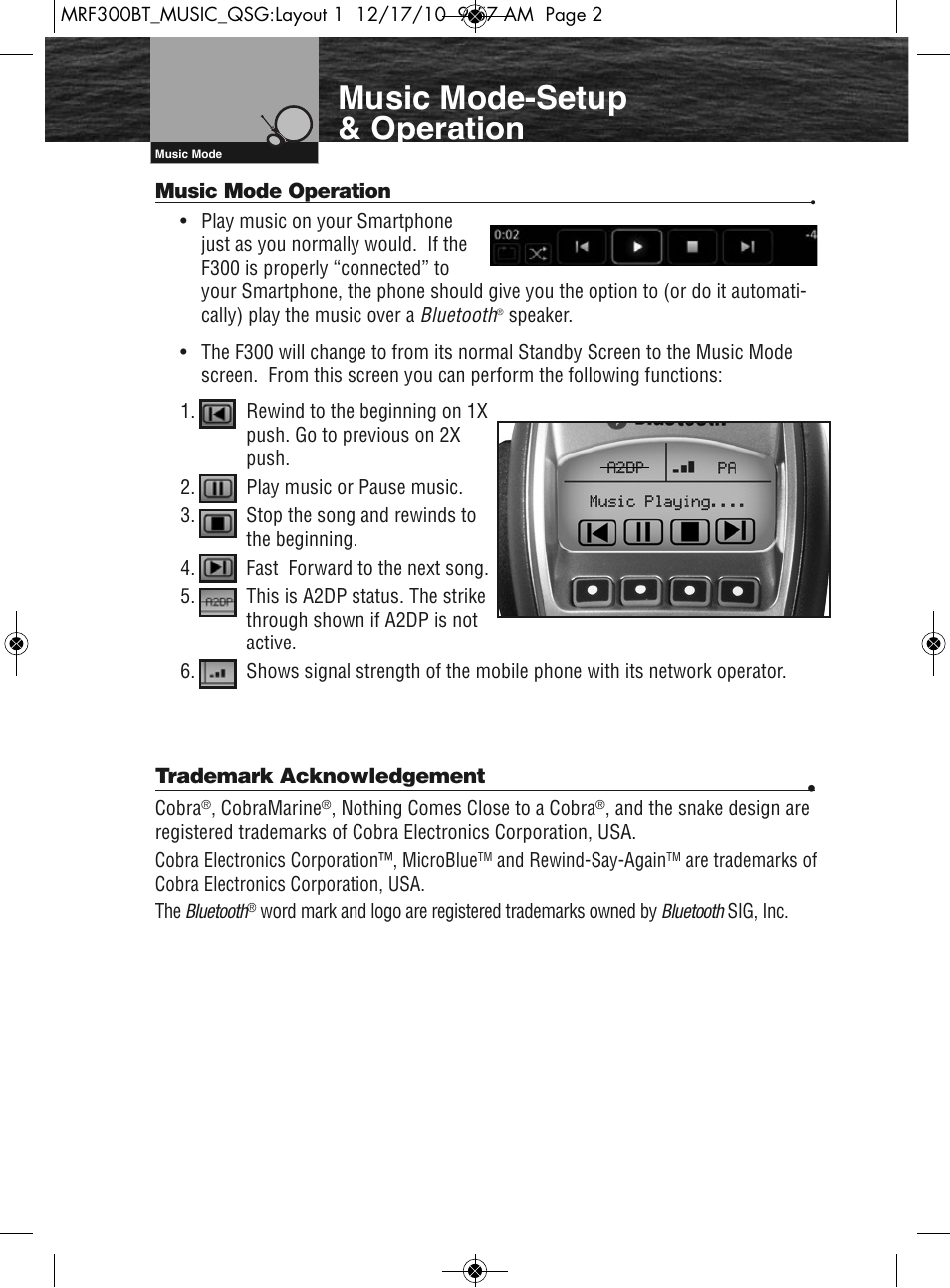 Music mode-setup & operation | Cobra Electronics F300 User Manual | Page 2 / 2