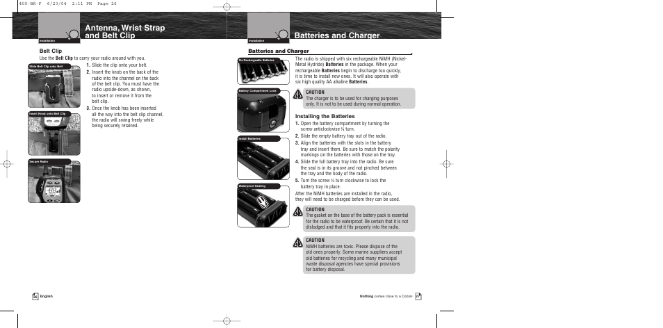 Antenna, wrist strap and bel, Batteries and charger, Antenna, wrist strap and belt clip | Belt clip, Installing the batteries | Cobra Electronics MARINE MR HH400 EU User Manual | Page 15 / 24