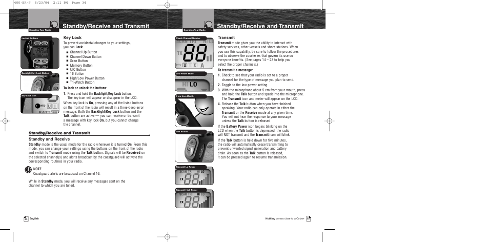 Standby/receive and transmit, Key lock, Standby and receive | Transmit | Cobra Electronics MARINE MR HH400 EU User Manual | Page 19 / 24