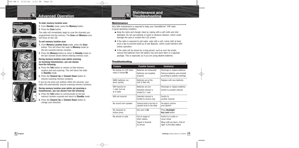 Maintenance and troubleshooting, Advanced operation | Cobra Electronics MARINE MR HH400 EU User Manual | Page 23 / 24