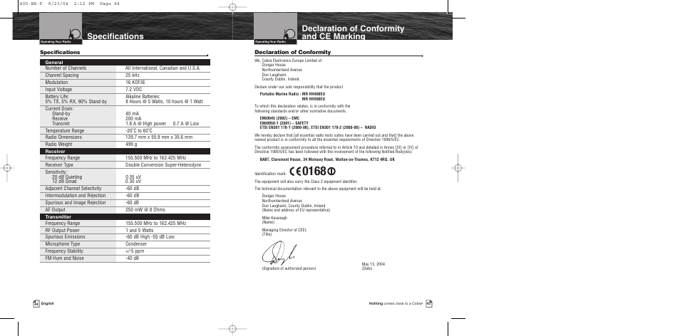 Maintenance 43 troubleshooting, Specifications, Maintenance | Troubleshooting, Declaration of conformity and ce marking | Cobra Electronics MARINE MR HH400 EU User Manual | Page 24 / 24