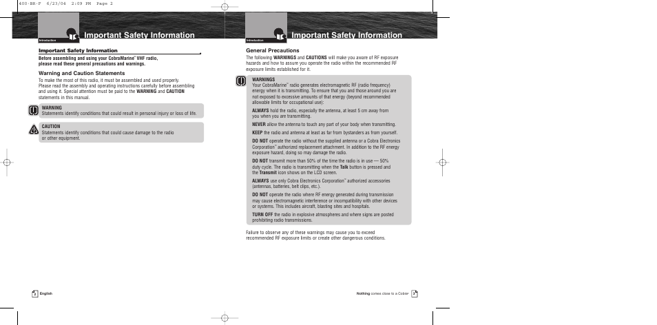 Important safety information | Cobra Electronics MARINE MR HH400 EU User Manual | Page 3 / 24