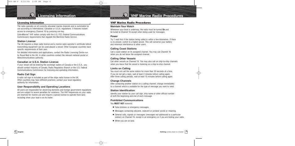 Licensing information, Vhf marine radio procedures | Cobra Electronics MARINE MR HH400 EU User Manual | Page 5 / 24