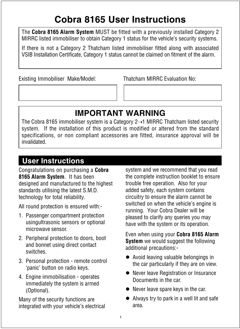 Cobra 8165 user instructions, Important warning, User instructions | Cobra Electronics 8166 User Manual | Page 2 / 6
