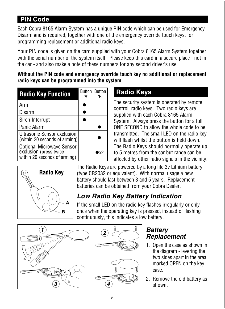 Low radio key battery indication, Pin code radio keys battery replacement, Radio key function | Cobra Electronics 8166 User Manual | Page 3 / 6