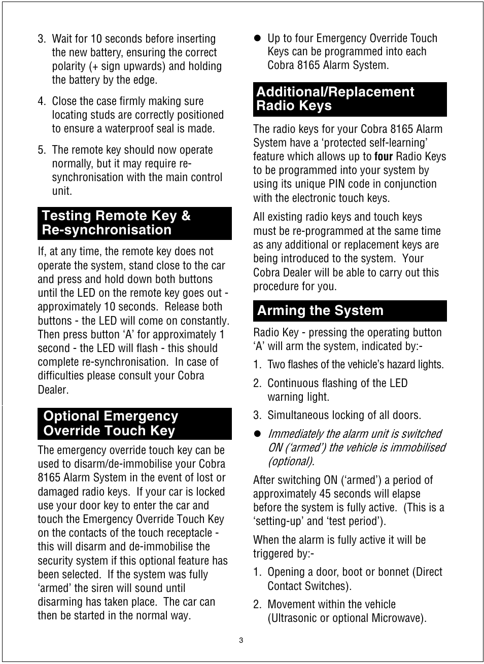 Additional/replacement radio keys, Arming the system | Cobra Electronics 8166 User Manual | Page 4 / 6