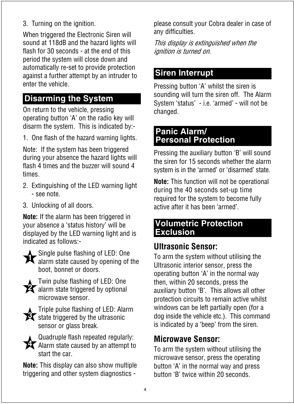 Disarming the system siren interrupt, Ultrasonic sensor, Microwave sensor | Cobra Electronics 8166 User Manual | Page 5 / 6