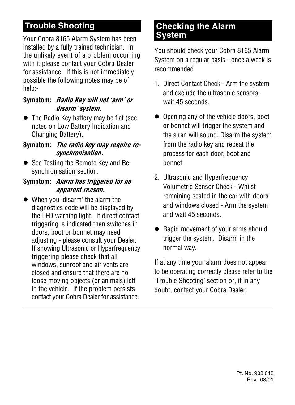 Checking the alarm system, Trouble shooting | Cobra Electronics 8166 User Manual | Page 6 / 6