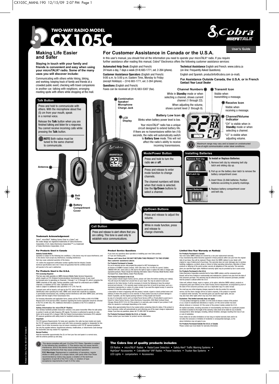 Cobra Electronics MICRO TALK CX105C User Manual | 1 page