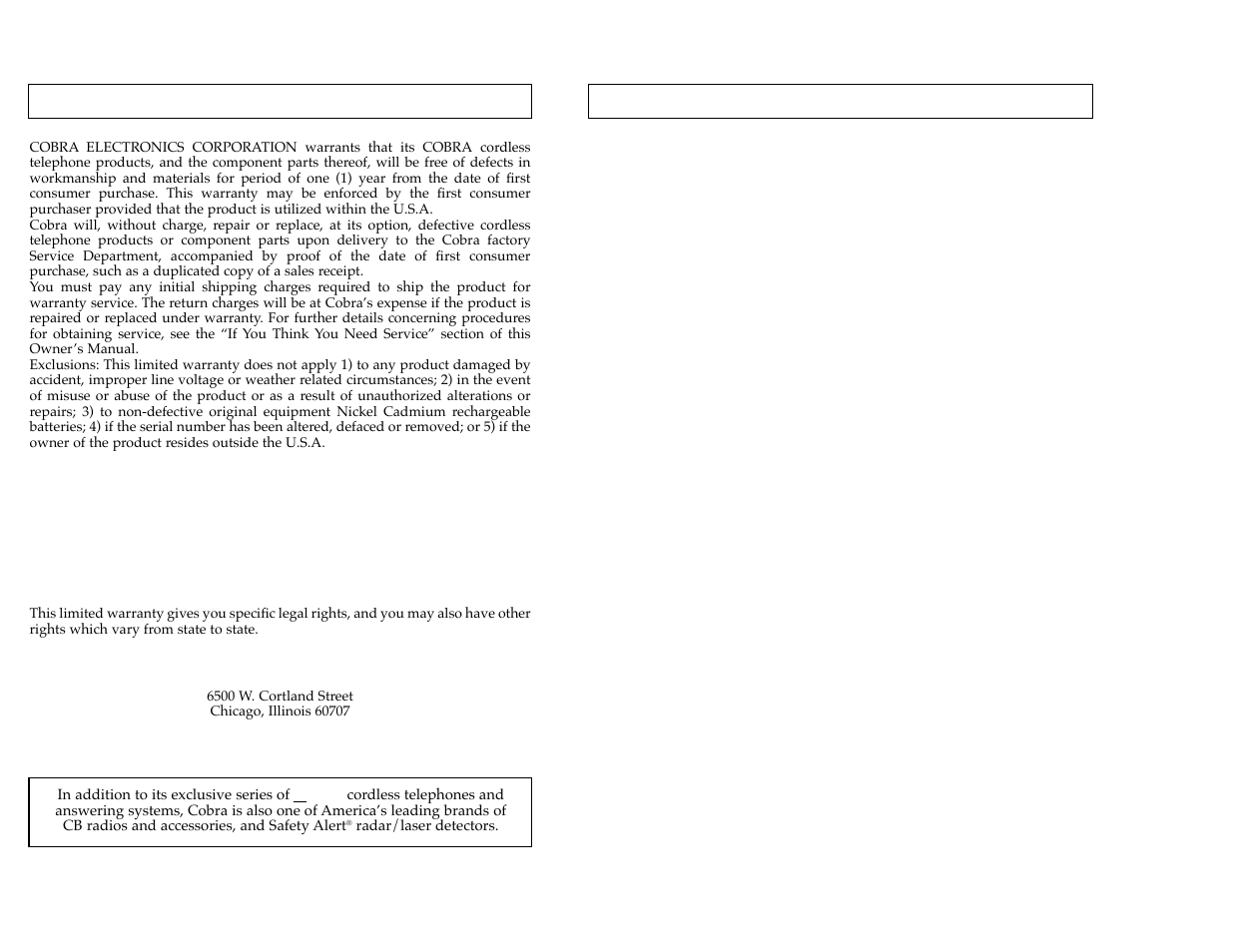 Limited one-year warranty | Cobra Electronics CP-2525 User Manual | Page 13 / 14