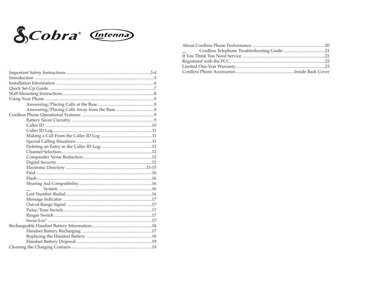 Cordless telephone model cp-2525 table of contents | Cobra Electronics CP-2525 User Manual | Page 2 / 14
