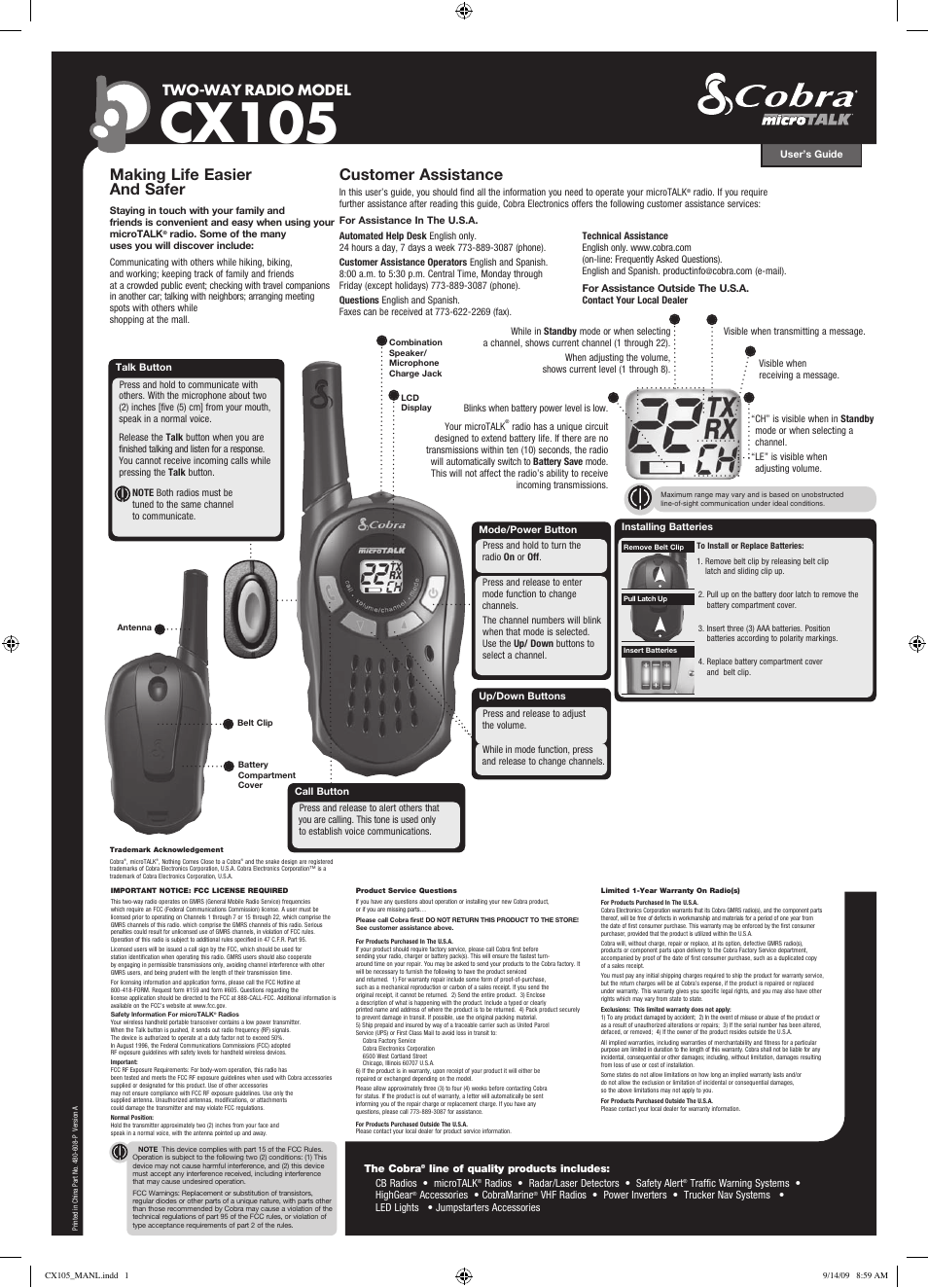 Cobra Electronics MICROTALK CX105 User Manual | 1 page